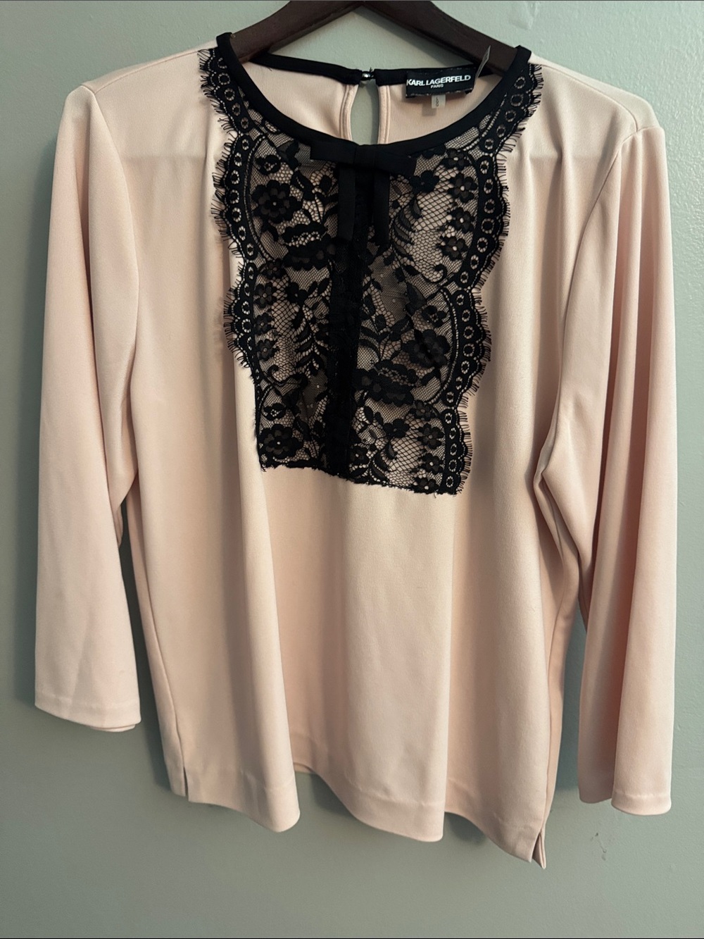 Karl Lagerfeld Blush Pink Top with Black Lace Bib